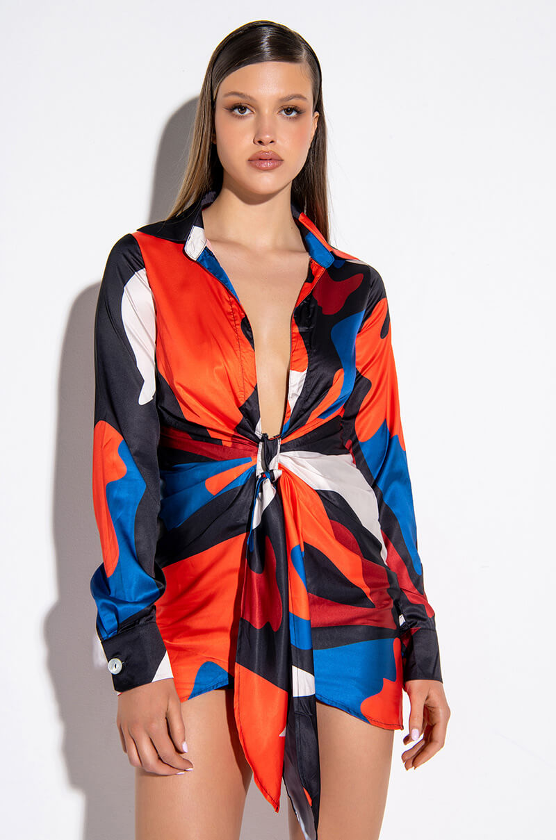 Front View Abstract Satin Shirt Dress