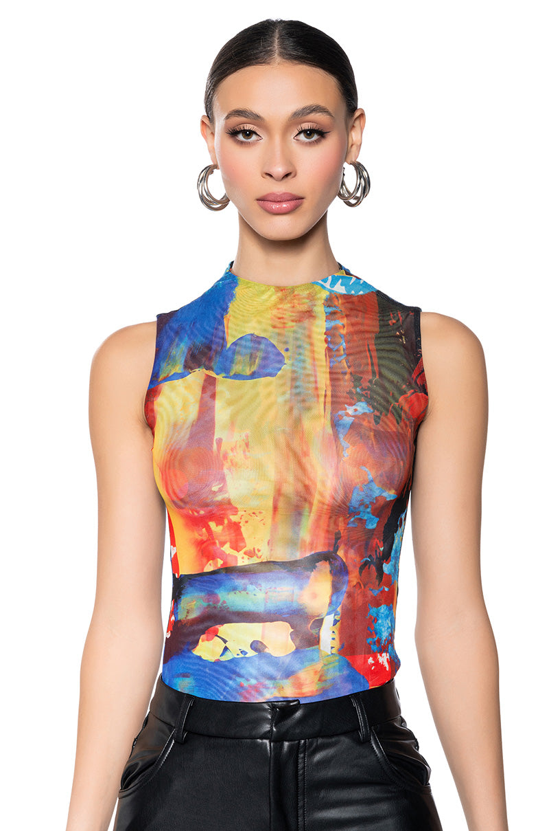 Front View Abstract Sleeveless Mesh Bodysuit