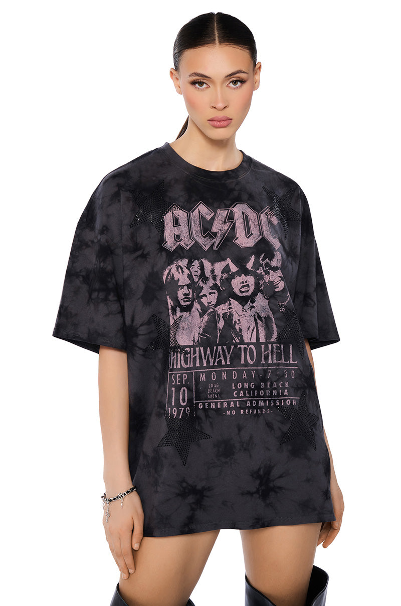 Front View Acdc Highway To Hell Rhinestone Star Graphic Tee 0
