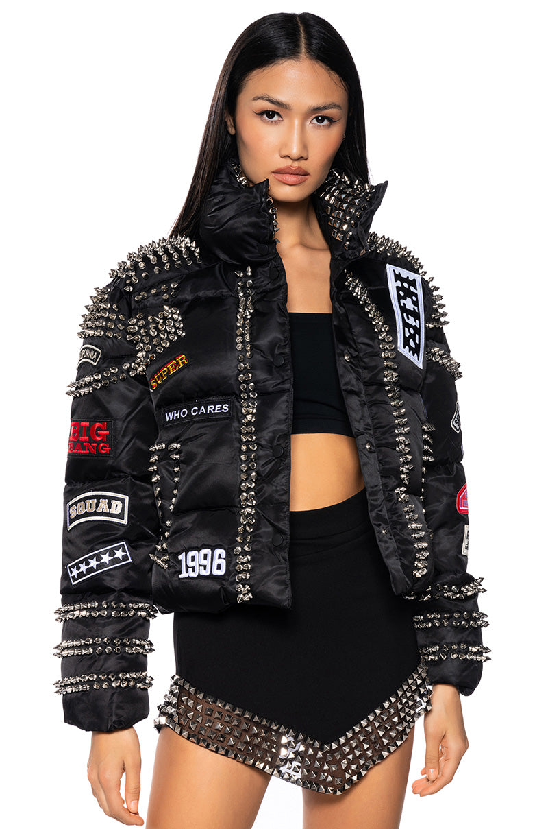 Front View Acdc Spiked Patch Puffer Coat