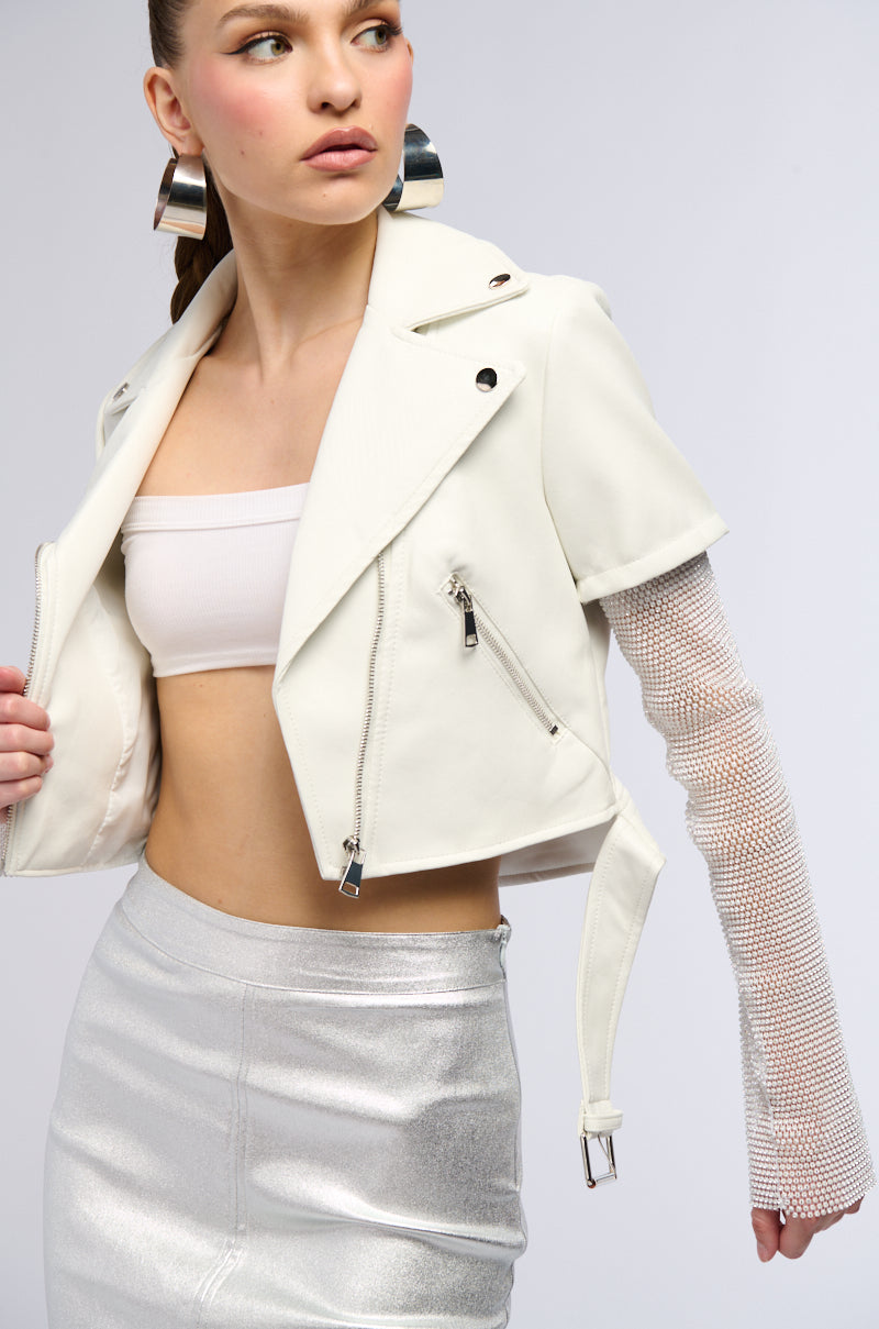 Detail View Acerola Bling Rhinestone Sleeve Moto Jacket In White 3