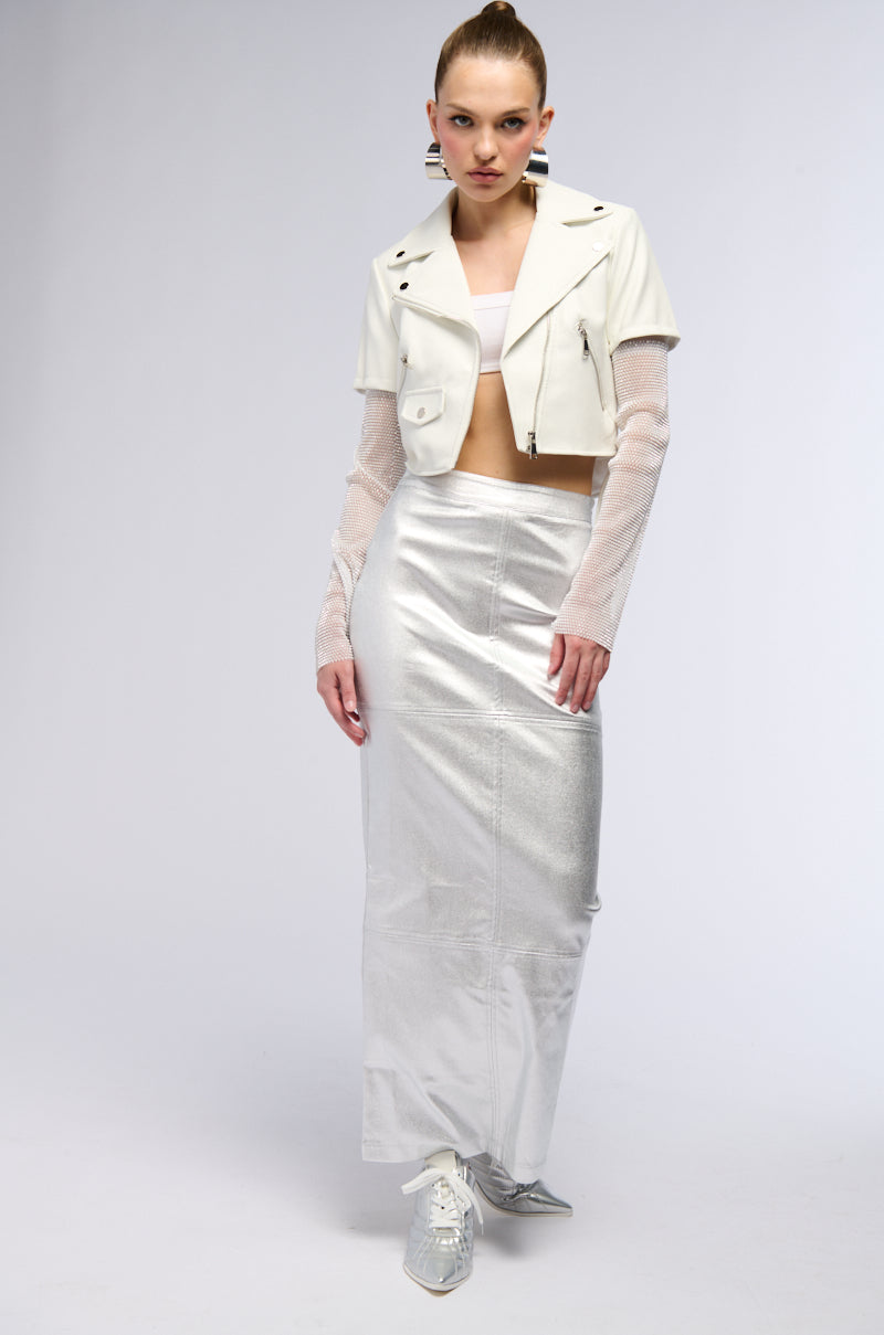 Extra View Acerola Bling Rhinestone Sleeve Moto Jacket In White 7