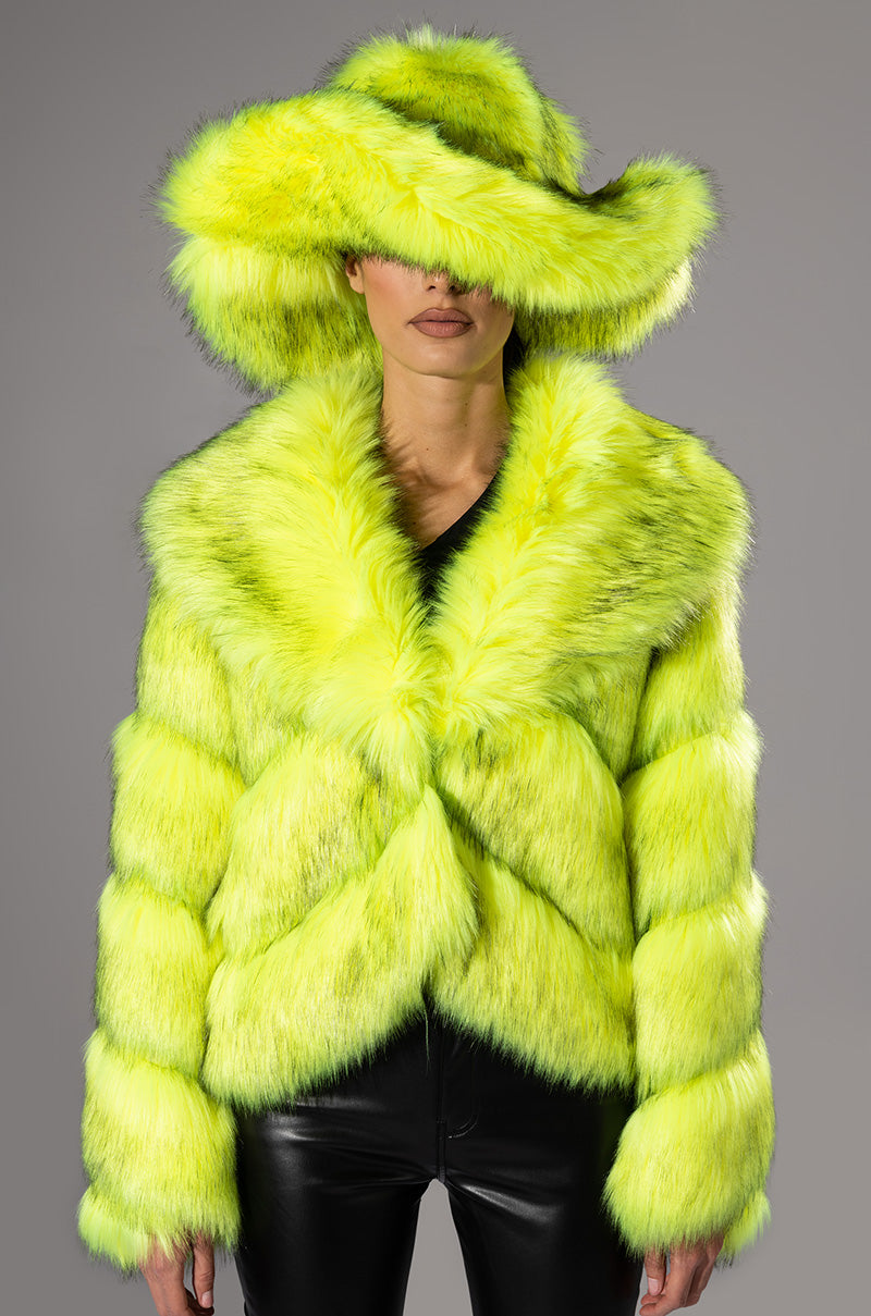 Side View Acid Mushroom Oversized Faux Fur Bucket Hat