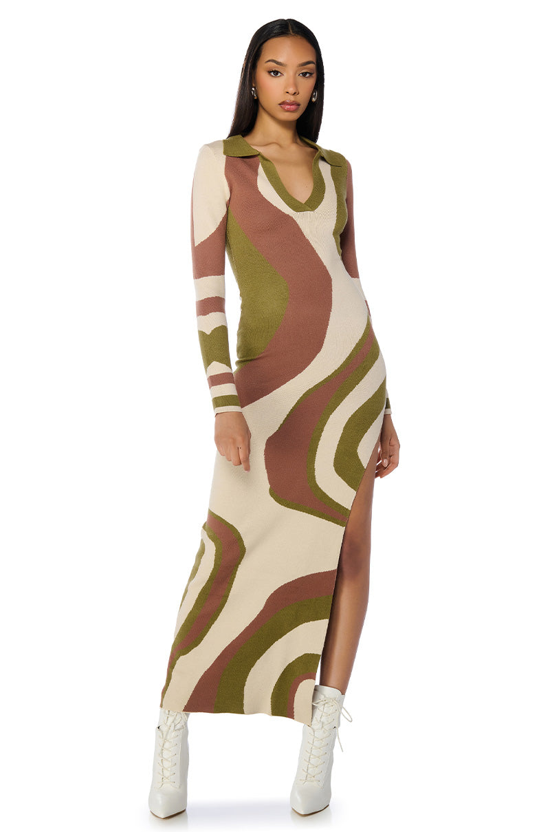 Front View Adeline Collared Knit Maxi Dress