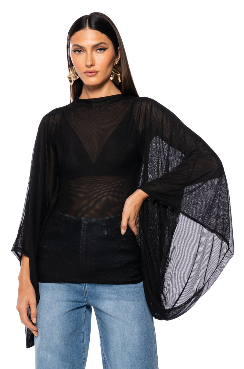 Side View Adore Bell Sleeve Mesh Top In Black