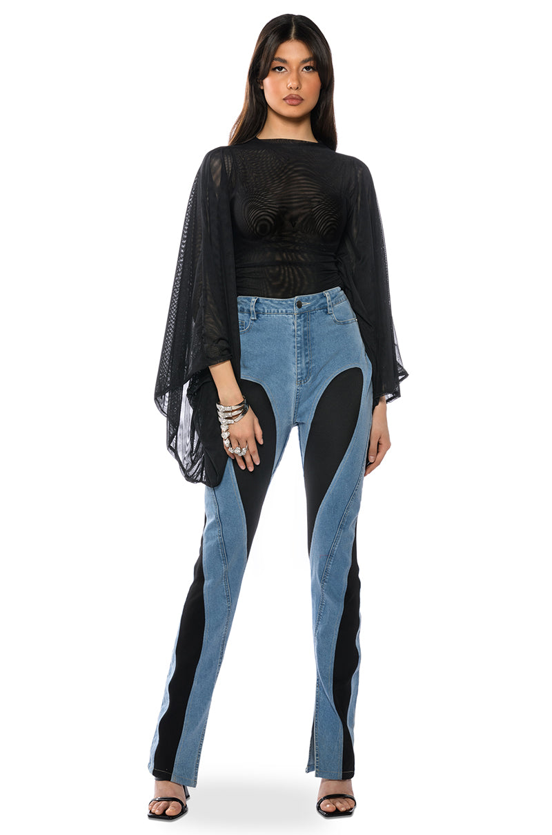 Side View Adore Bell Sleeve Mesh Top In Black
