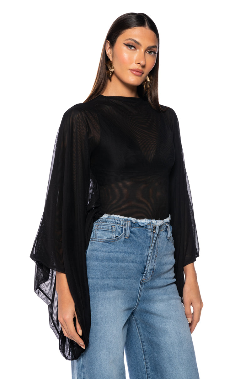 Back View Adore Bell Sleeve Mesh Top In Black