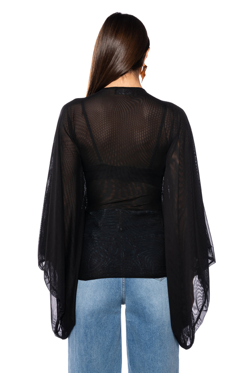 Extra View Adore Bell Sleeve Mesh Top In Black