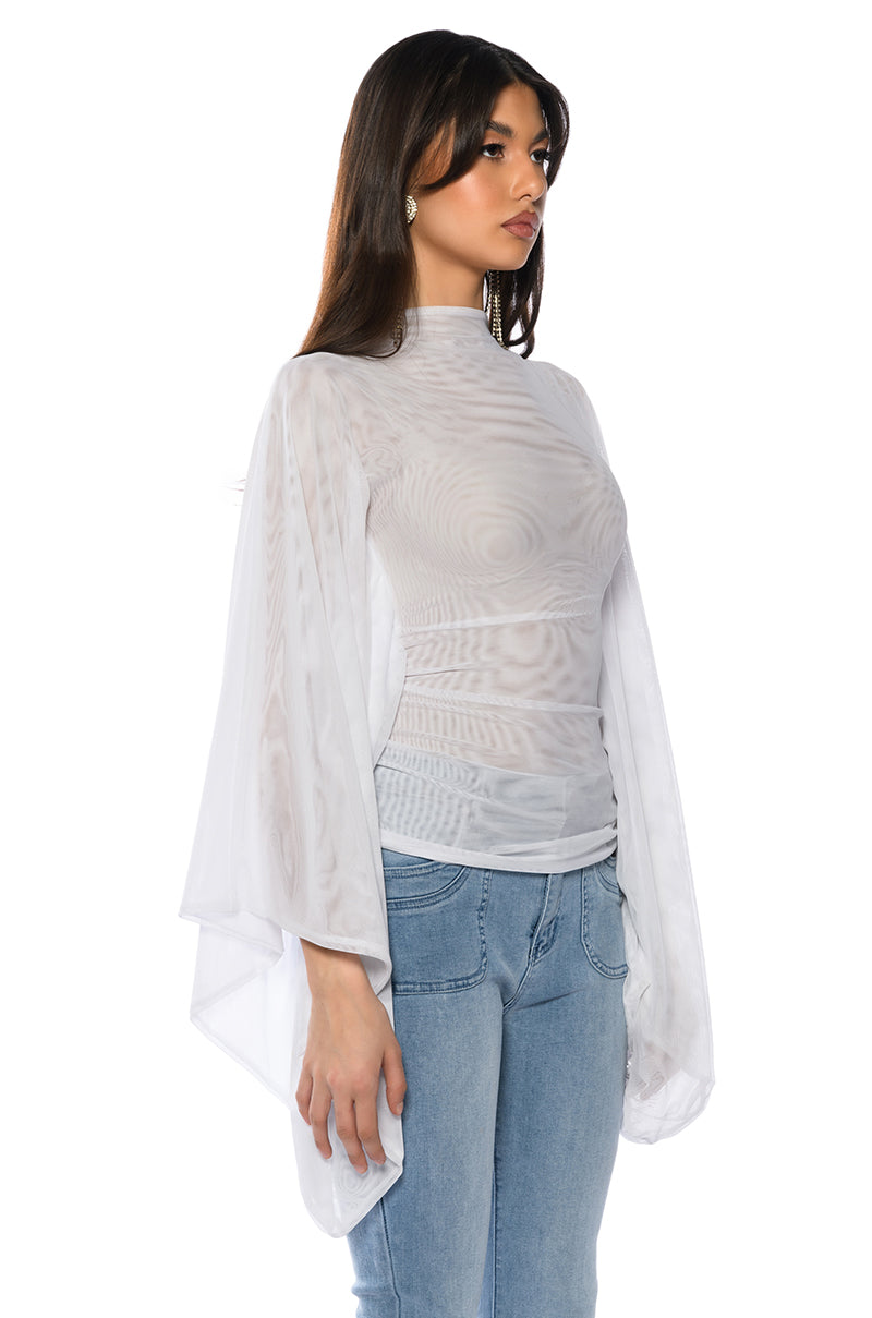 Side View Adore Bell Sleeve Mesh Top In White