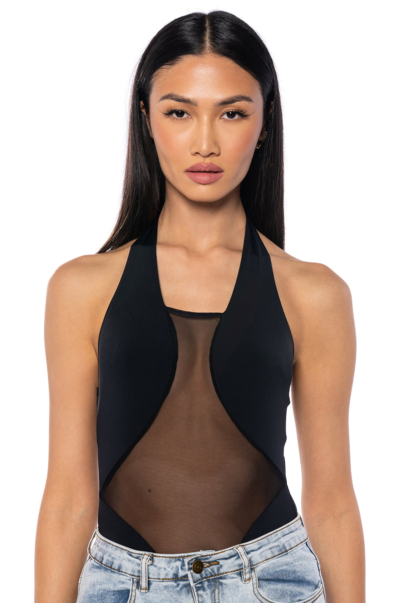 Front View Adrenaline Halter Neck Mesh Detail Bodysuit