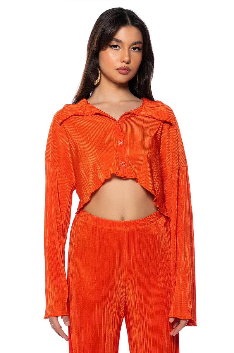Front View Adventure To My World Cropped Button Down In Orange