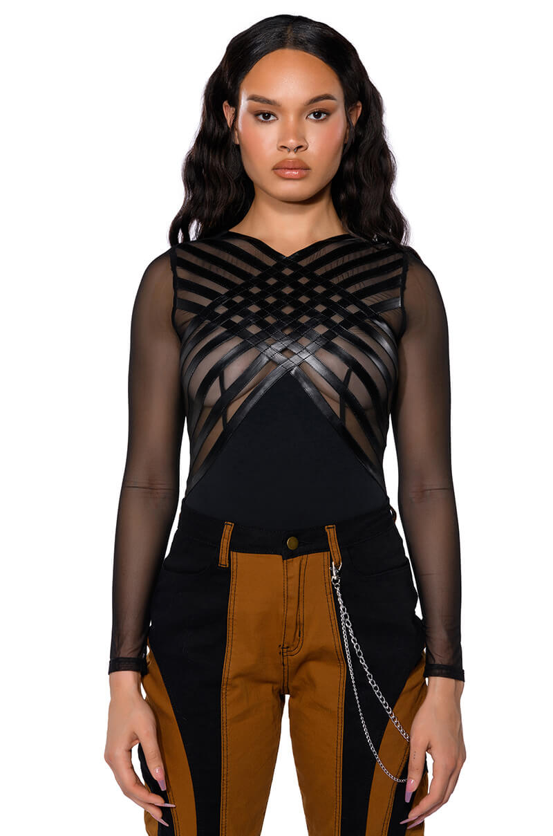 Front View After Dark Faux Leather Panel Long Sleeve Mesh Bodysuit