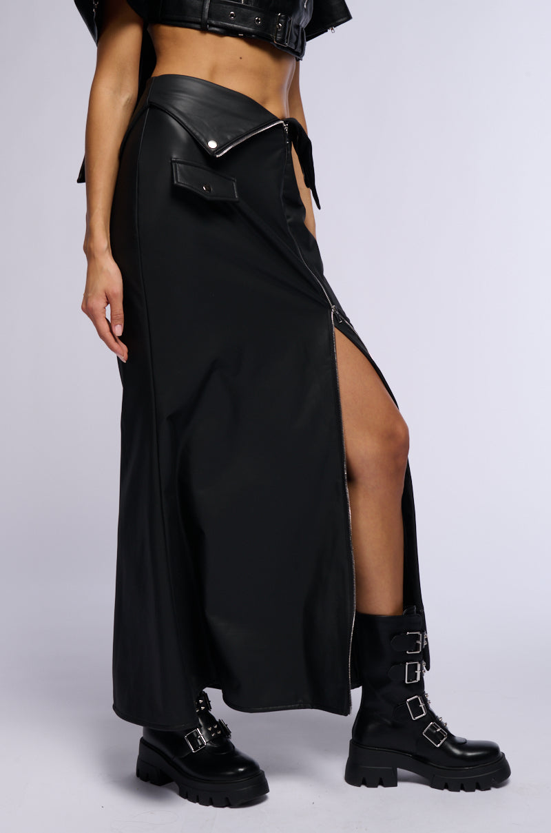 Side View After Hours Front Zip Faux Leather Maxi Skirt