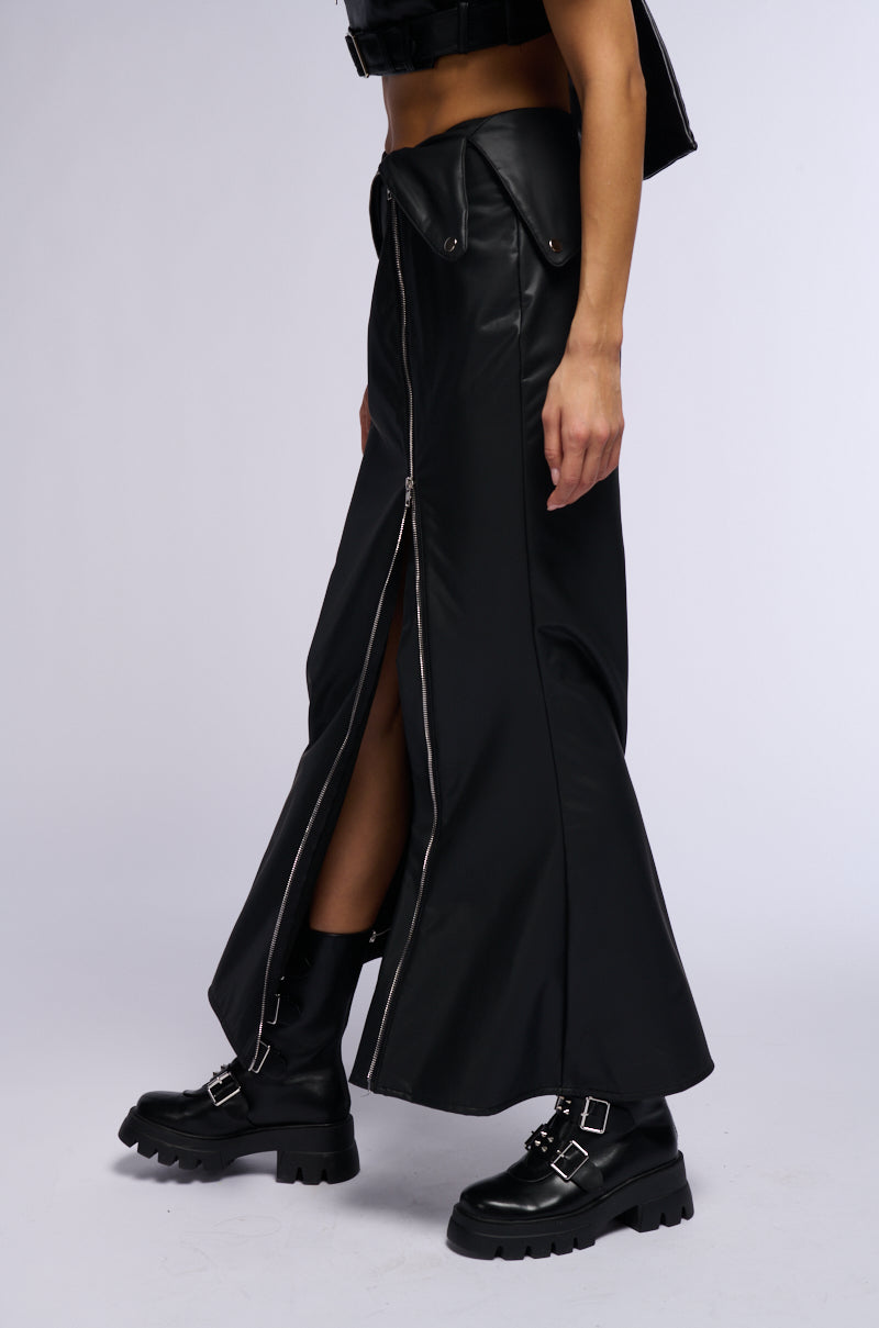 Back View After Hours Front Zip Faux Leather Maxi Skirt
