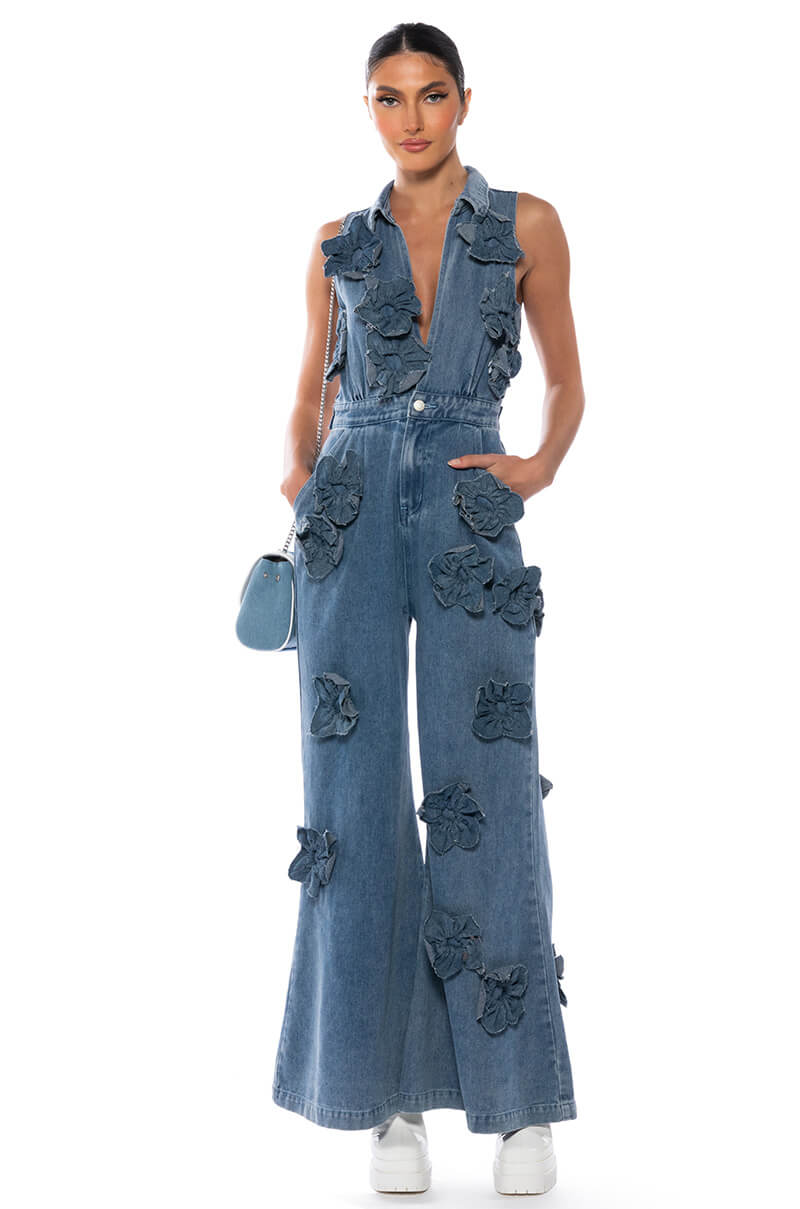 Front View After The Storm Floral Denim Jumpsuit
