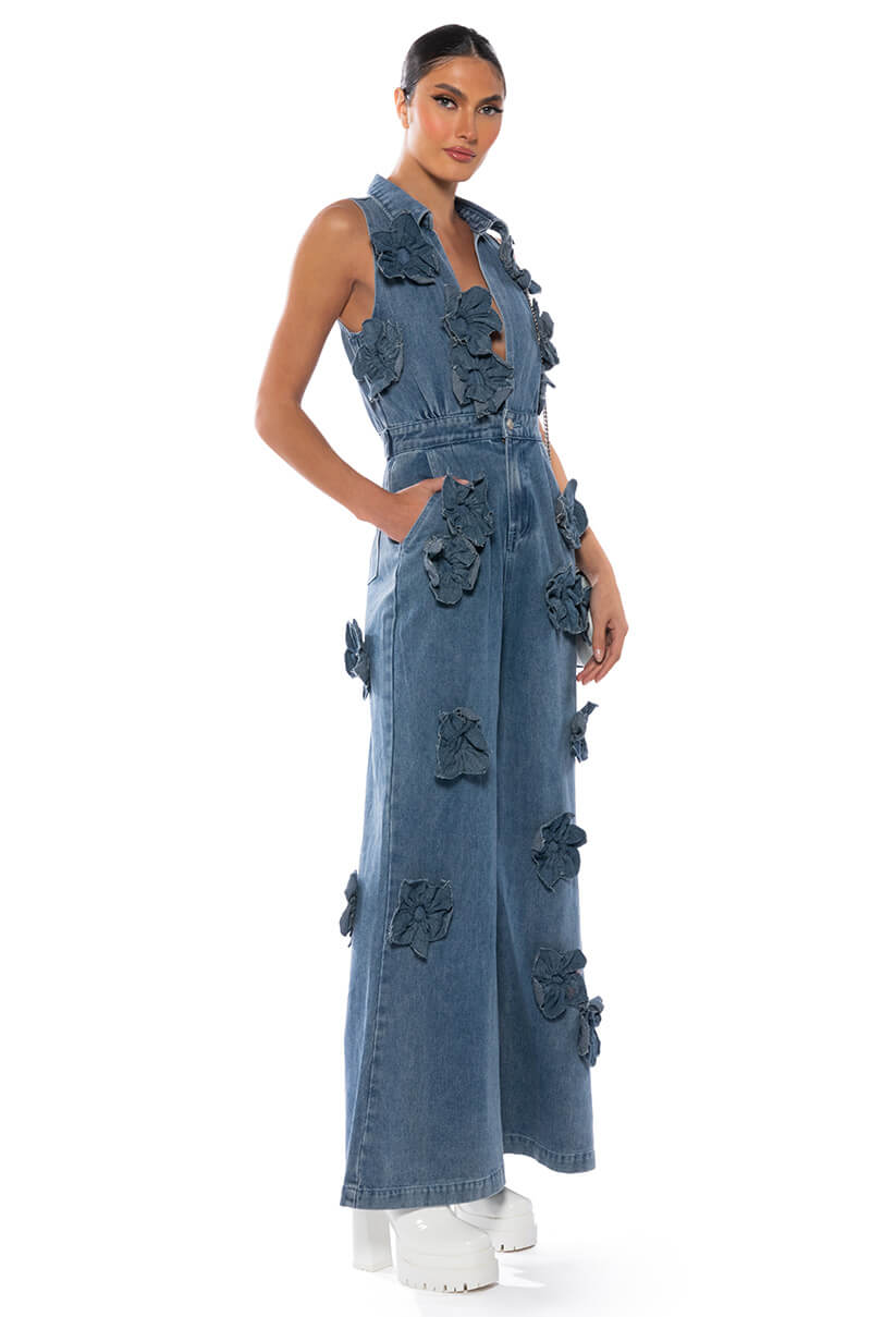 Side View After The Storm Floral Denim Jumpsuit