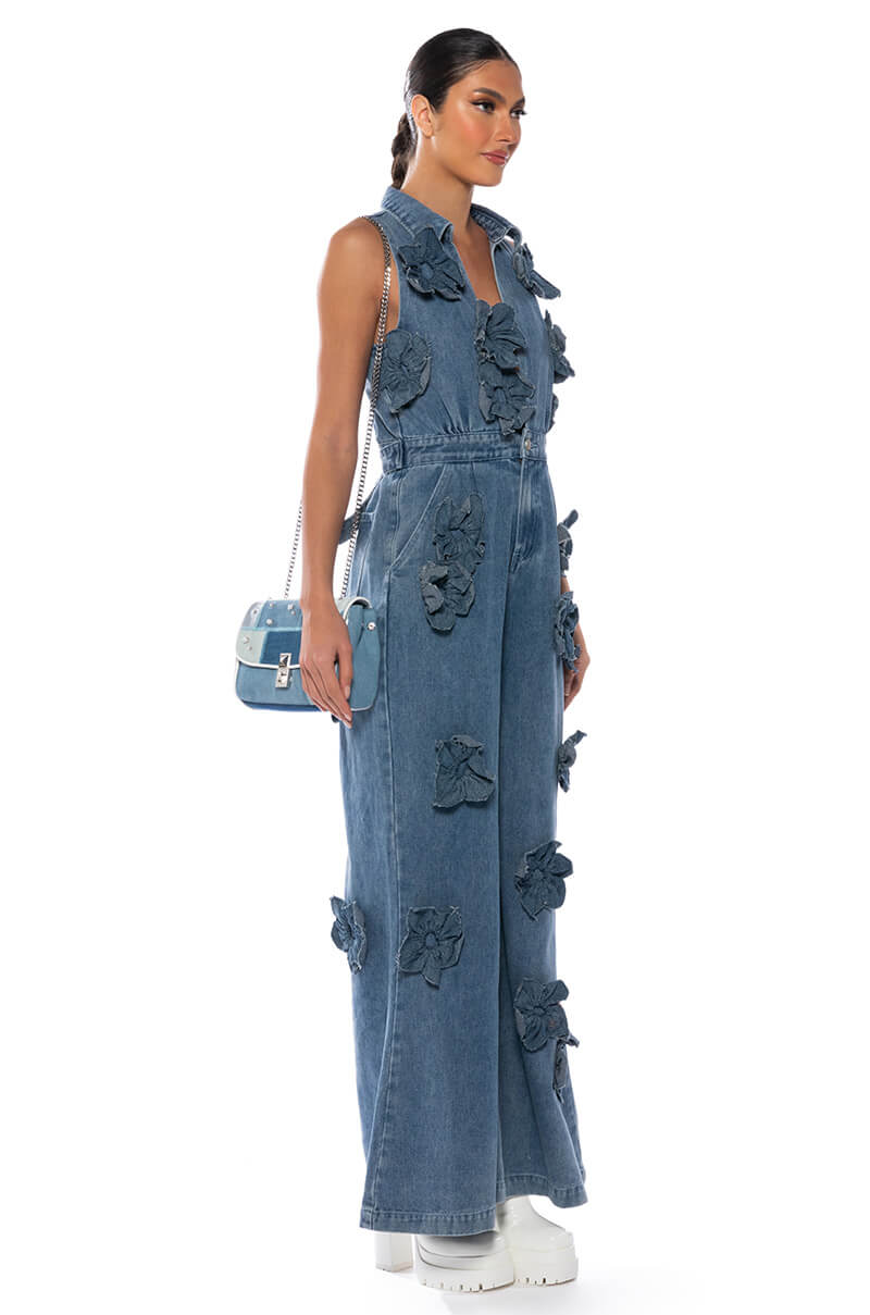 Back View After The Storm Floral Denim Jumpsuit