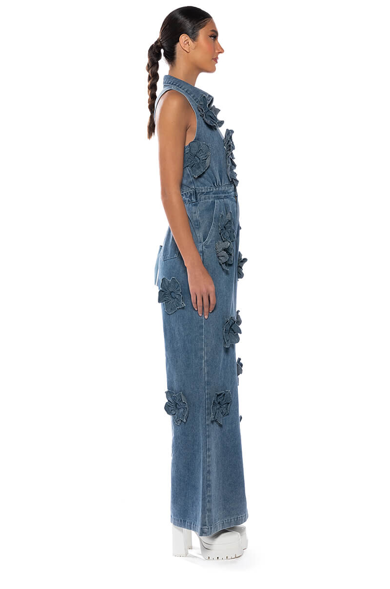 Detail View After The Storm Floral Denim Jumpsuit