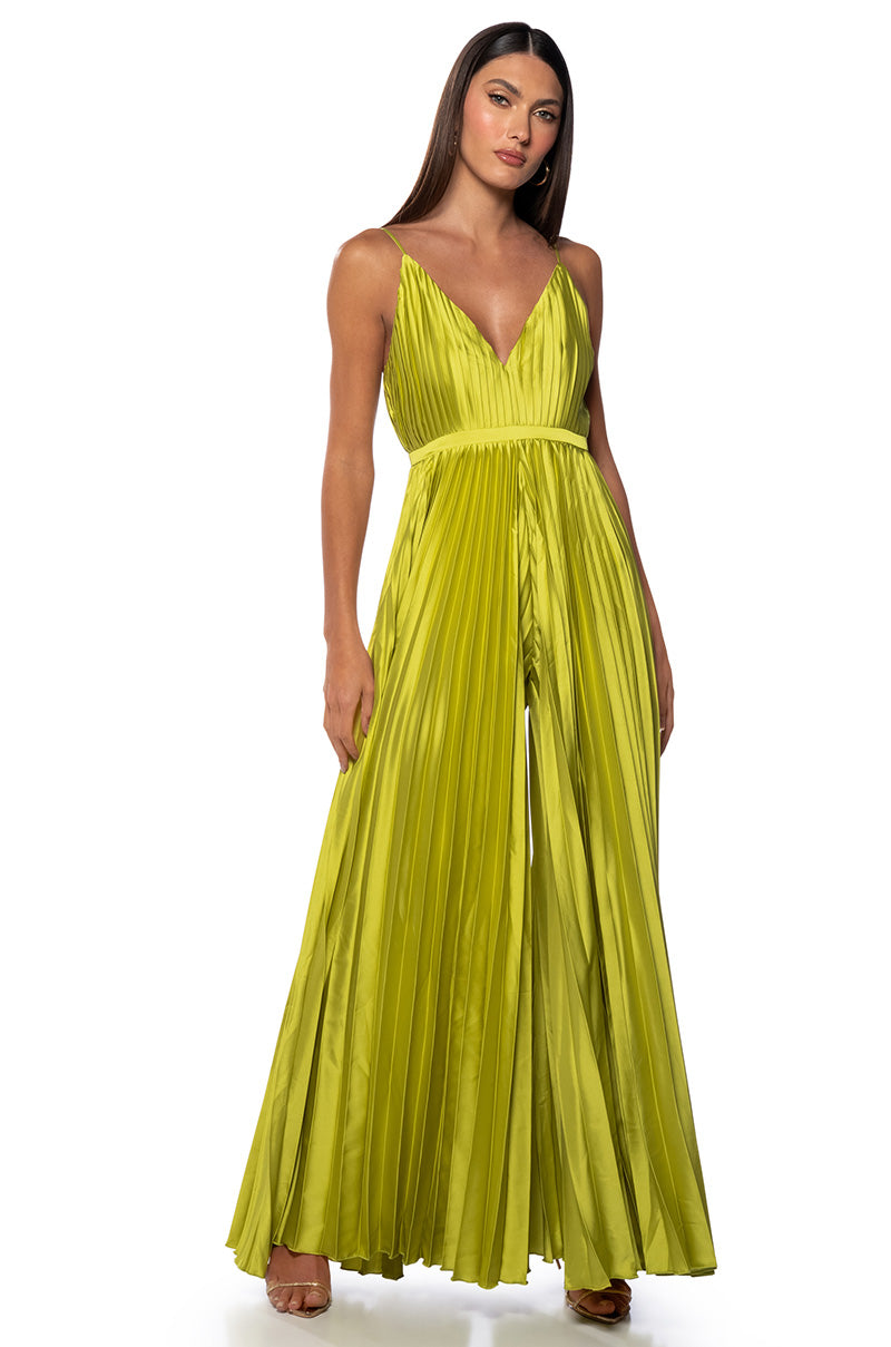 Front View Aint She Sweet Pleated Satin Jumpsuit In Lime