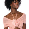 Front View Aira Mesh Off The Shoulder Halter Crop Top In Blush Pink