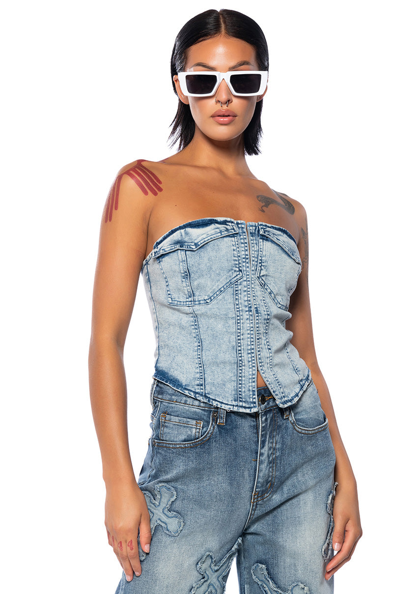 Front View Alex Acid Wash Denim Cargo Corset