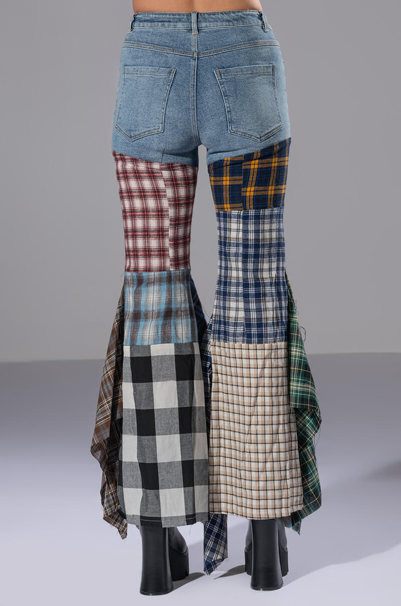 Extra View Alexa Plaid Patchwork Flared Jeans