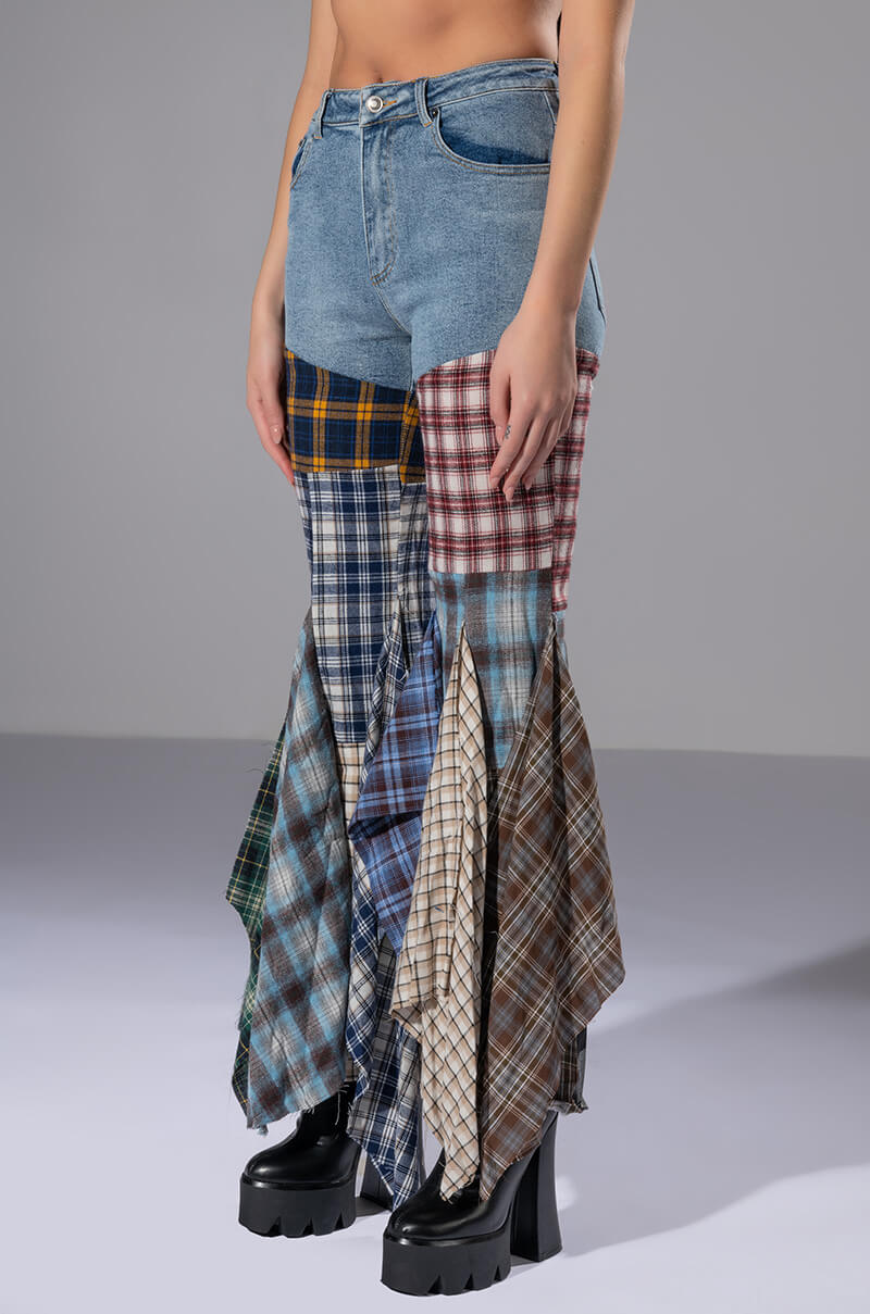 Side View Alexa Plaid Patchwork Flared Jeans