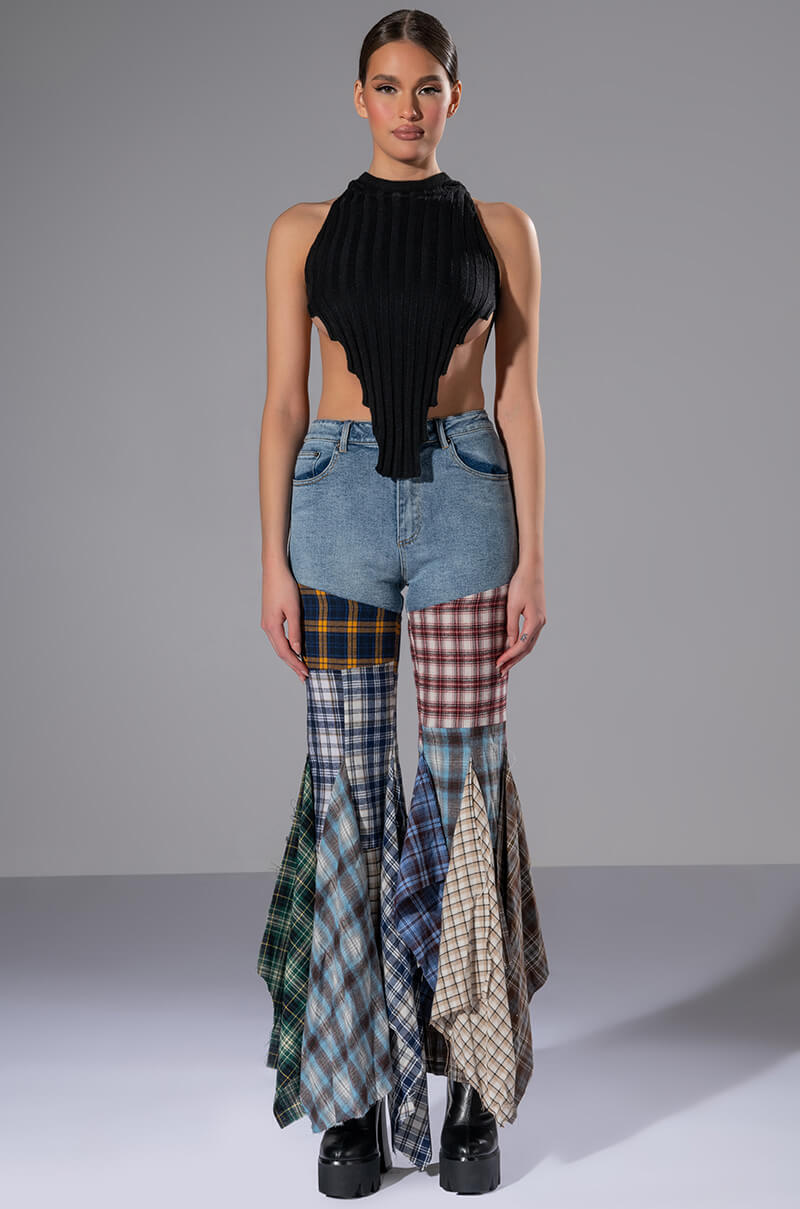Back View Alexa Plaid Patchwork Flared Jeans