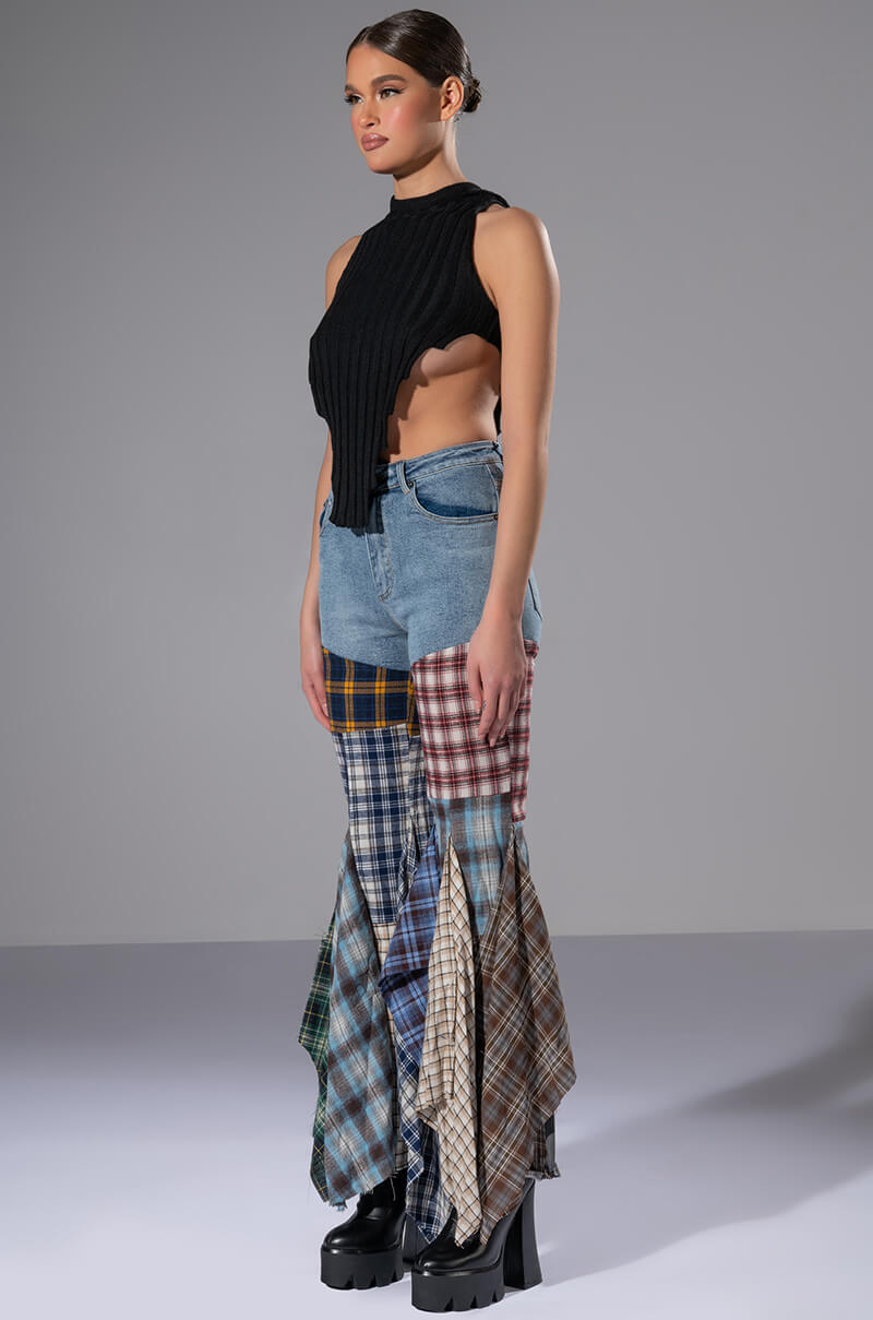 Full View Alexa Plaid Patchwork Flared Jeans