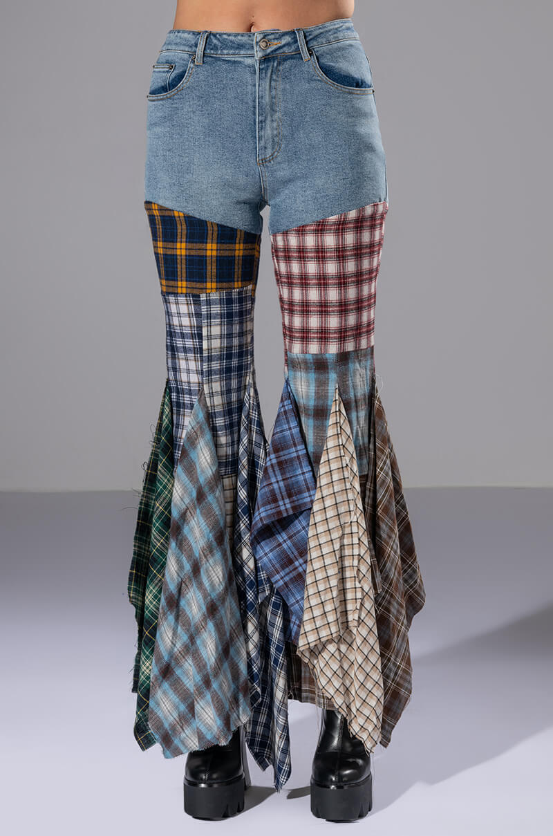 Extra View Alexa Plaid Patchwork Flared Jeans