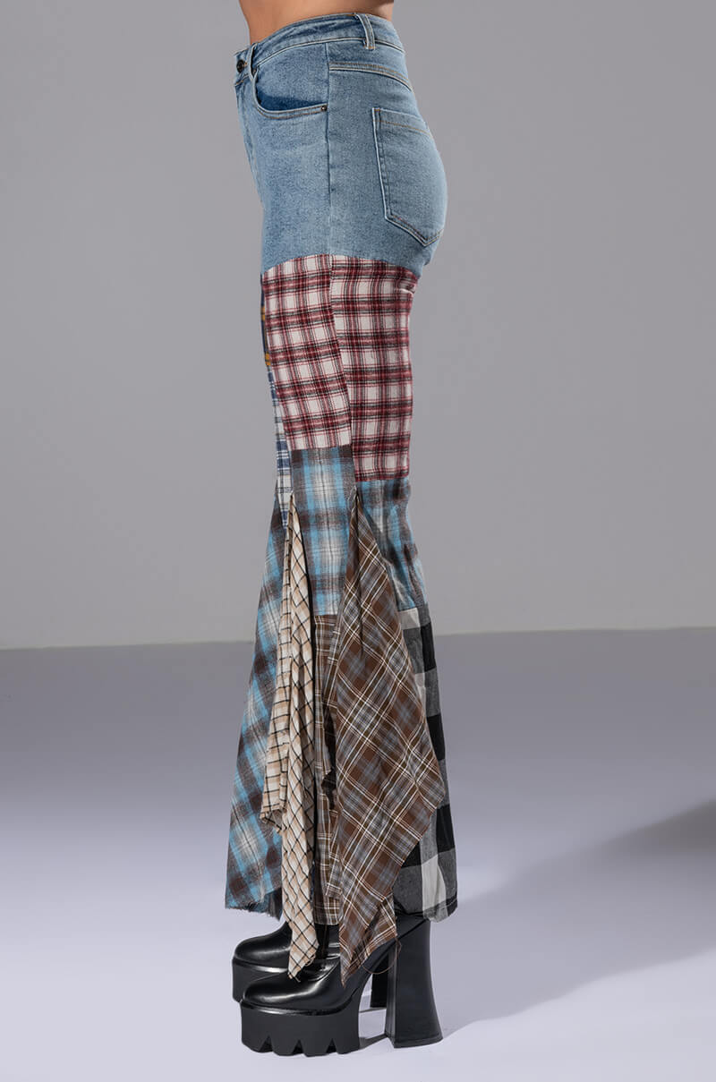 Extra View Alexa Plaid Patchwork Flared Jeans