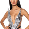 Front View Alien Superstar Dramatic Metallic Halter Top In Silver