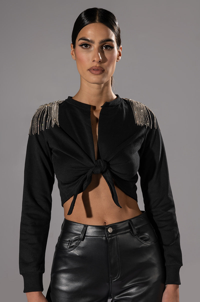 ALIGNED RHINESTONE SHOULDER WRAP SWEATSHIRT view 0