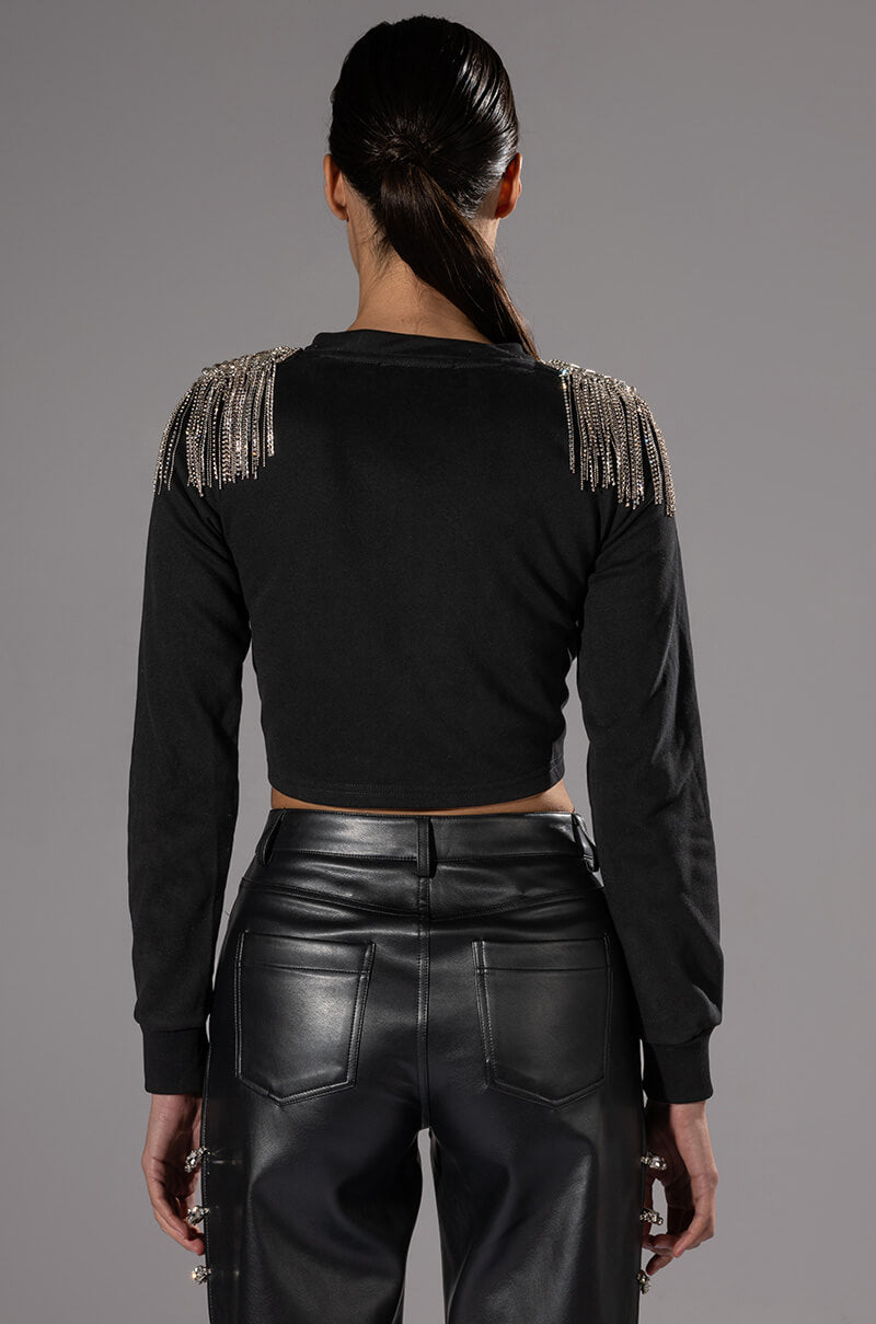 Full View Aligned Rhinestone Shoulder Wrap Sweatshirt