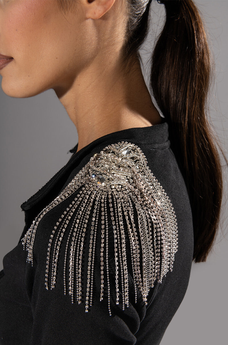 Extra View Aligned Rhinestone Shoulder Wrap Sweatshirt