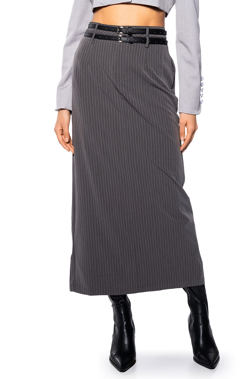 Front View Alina Pinstripe Maxi Skirt