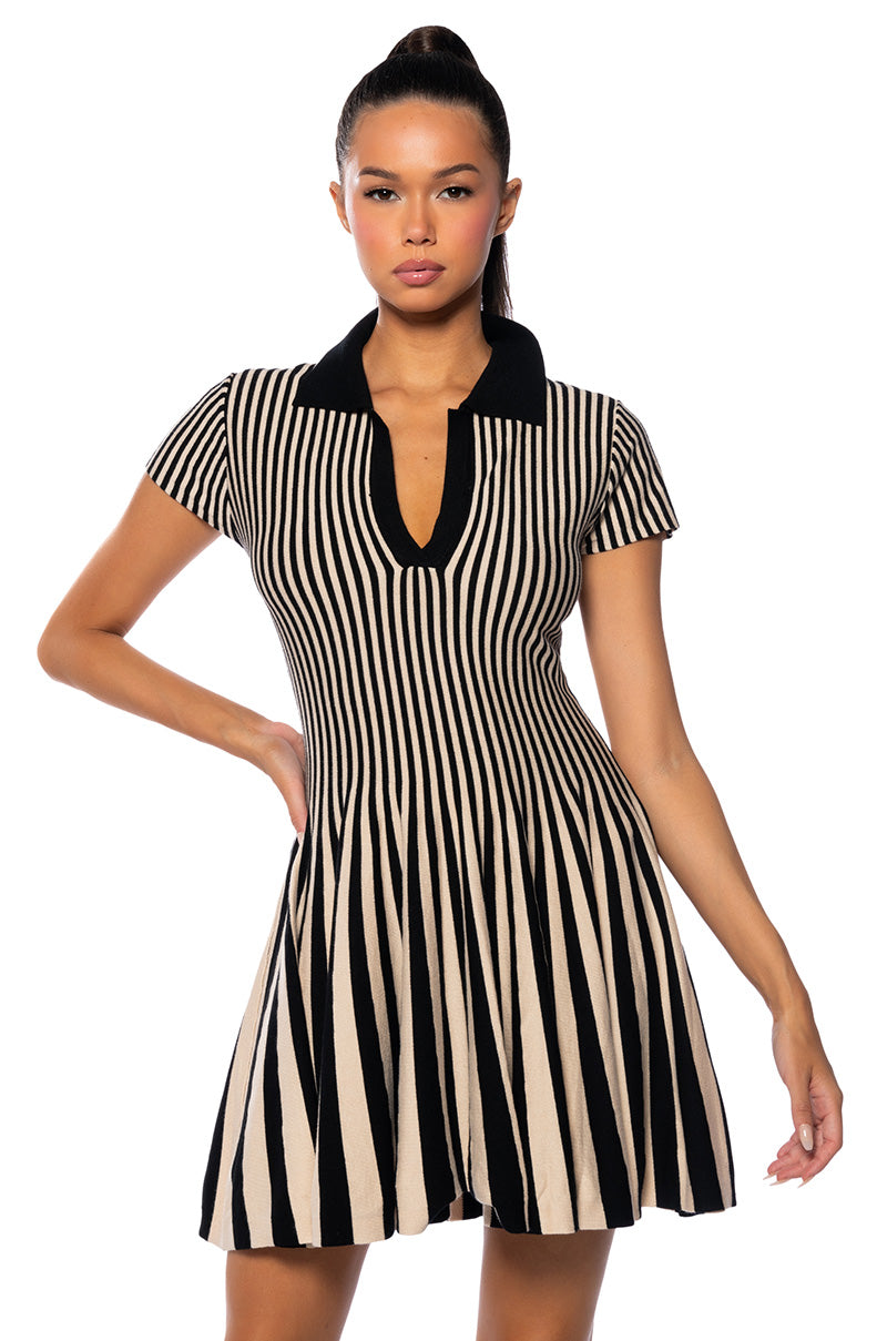 ALINA PLEATED KNIT FIT AND FLARE MINI DRESS IN BLACK MULTI view 0