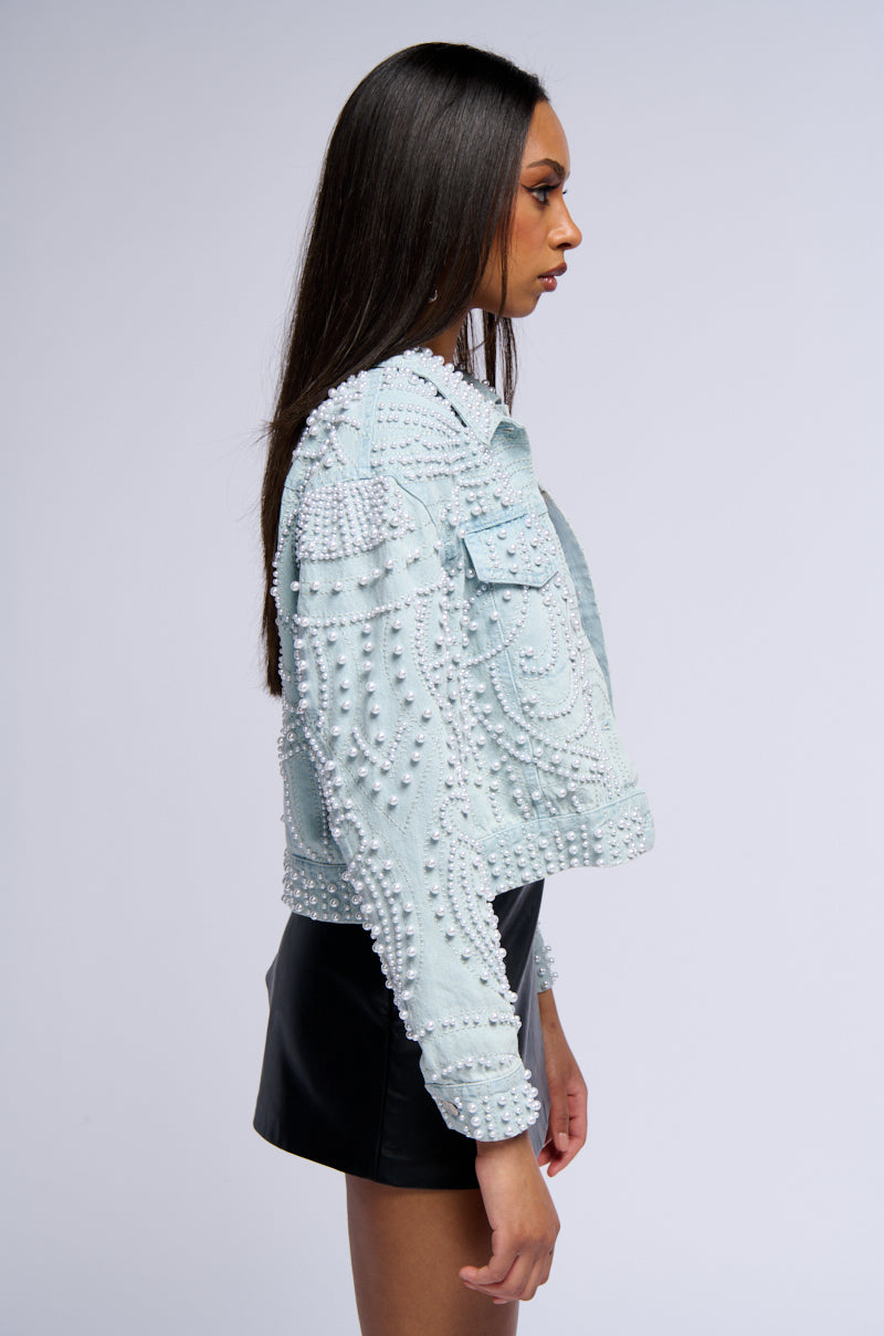Back View Alix Pearl Embellished Denim Jacket