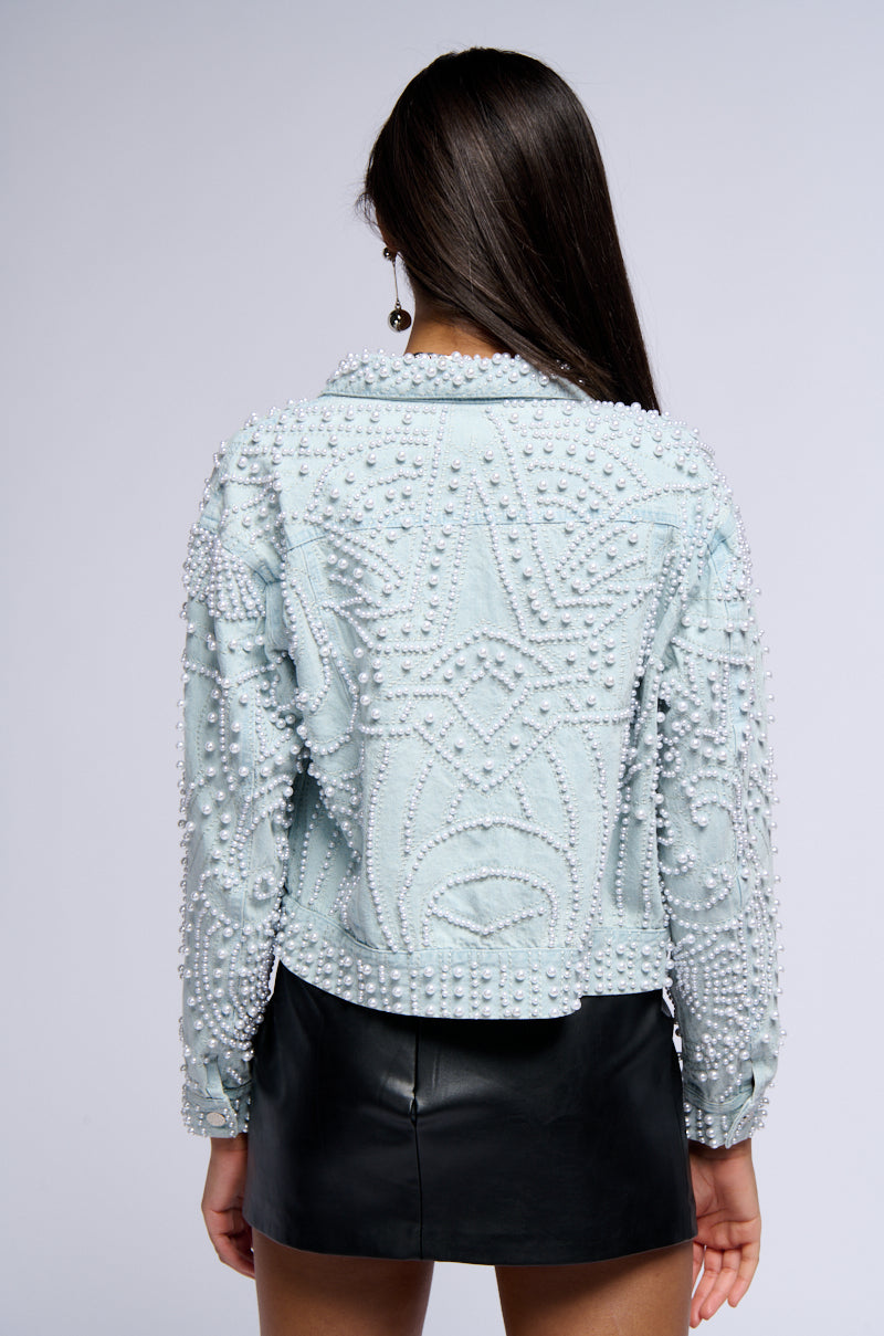 Detail View Alix Pearl Embellished Denim Jacket