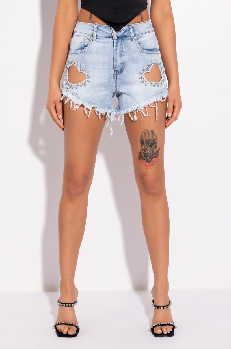 Front View All About Hearts Denim Shorts