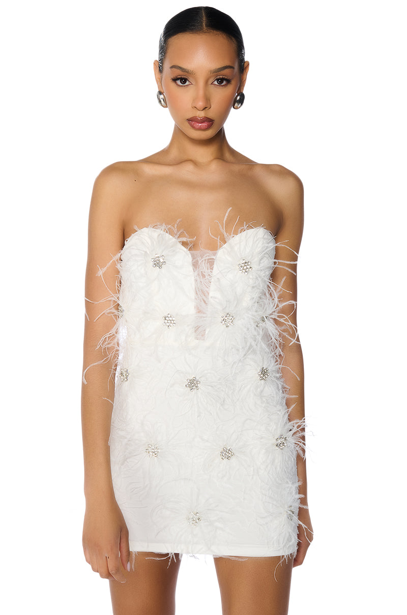 Front View All About Me Feather Applique Mini Dress
