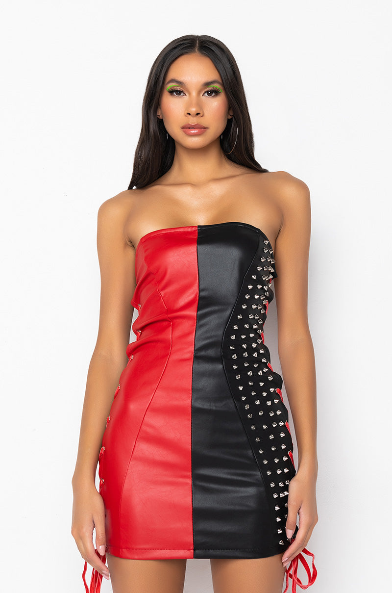 ALL ABOUT THIS MINI TUBE FAUX LEATHER DRESS BLACK RED AKIRA ALL ABOUT THIS MINI TUBE FAUX LEATHER DRESS BLACK RED AKIRA
