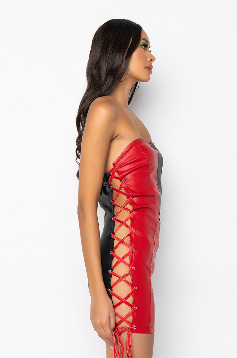 ALL ABOUT THIS MINI TUBE FAUX LEATHER DRESS BLACK RED AKIRA ALL ABOUT THIS MINI TUBE FAUX LEATHER DRESS BLACK RED AKIRA