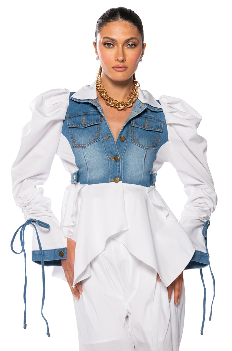 Front View All About You Denim Top With Satin Contrast