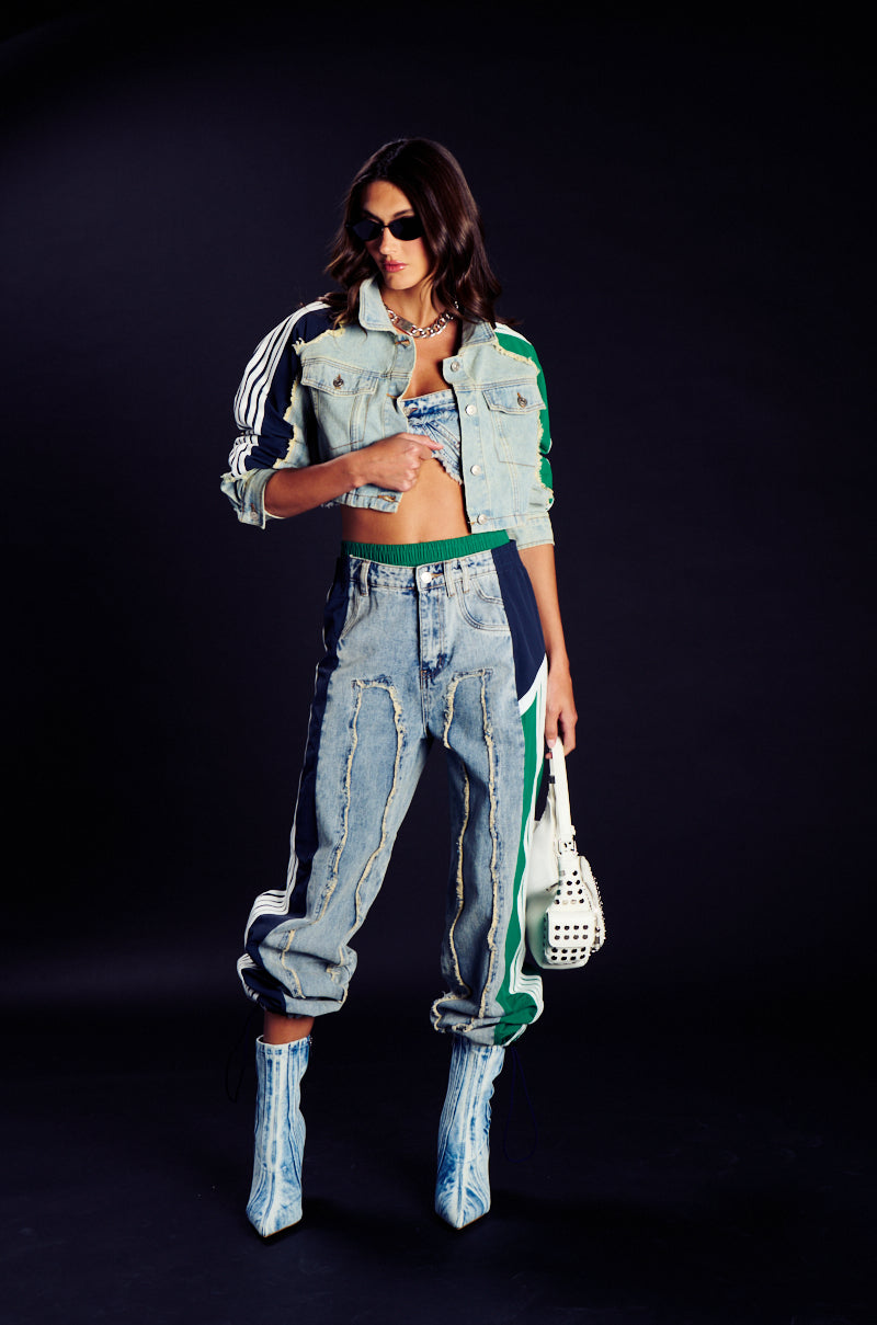 Extra View All Around The World Patchwork Denim Jogger Pant In Green Multi