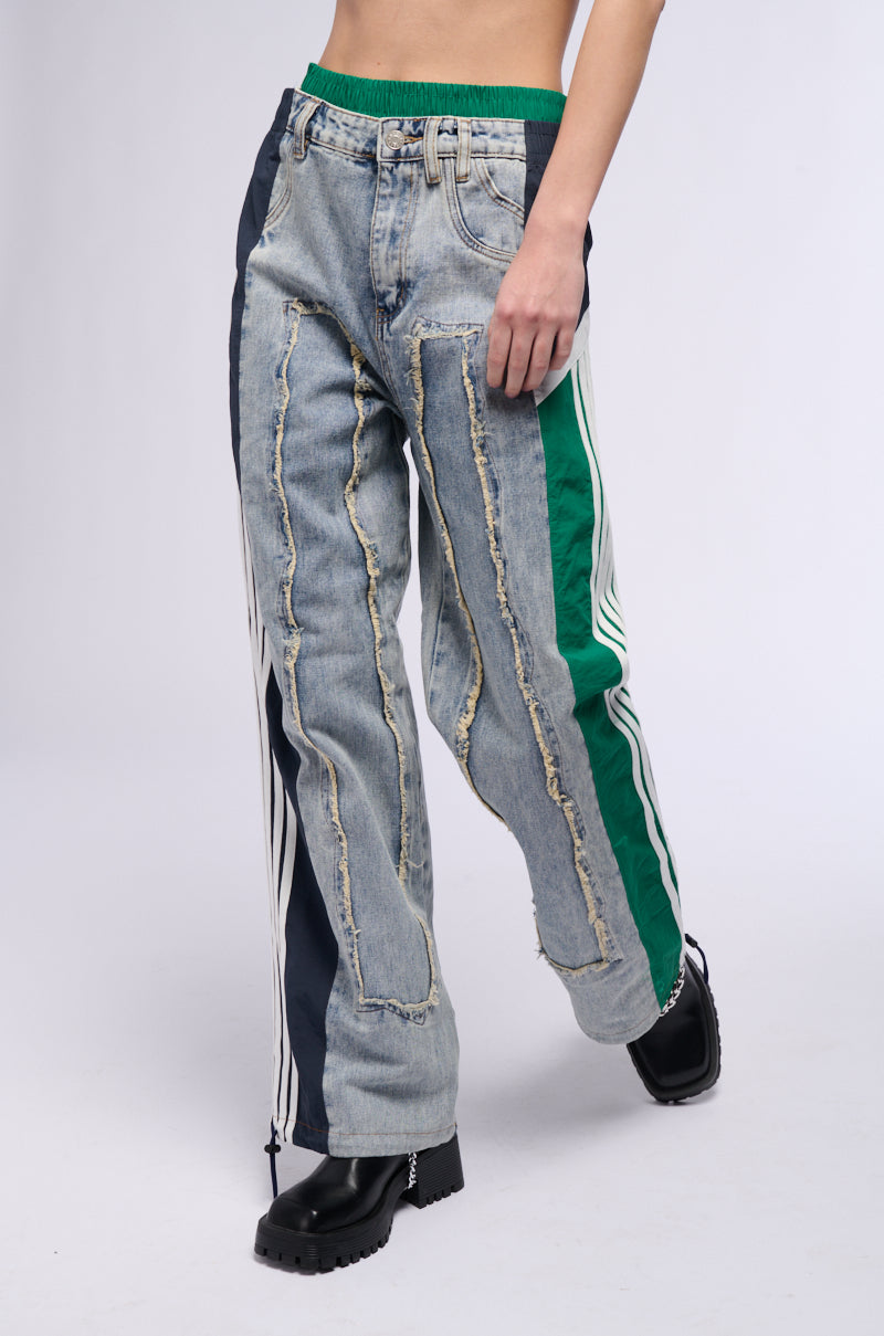 ALL AROUND THE WORLD PATCHWORK DENIM JOGGER PANT IN GREEN MULTI view 0