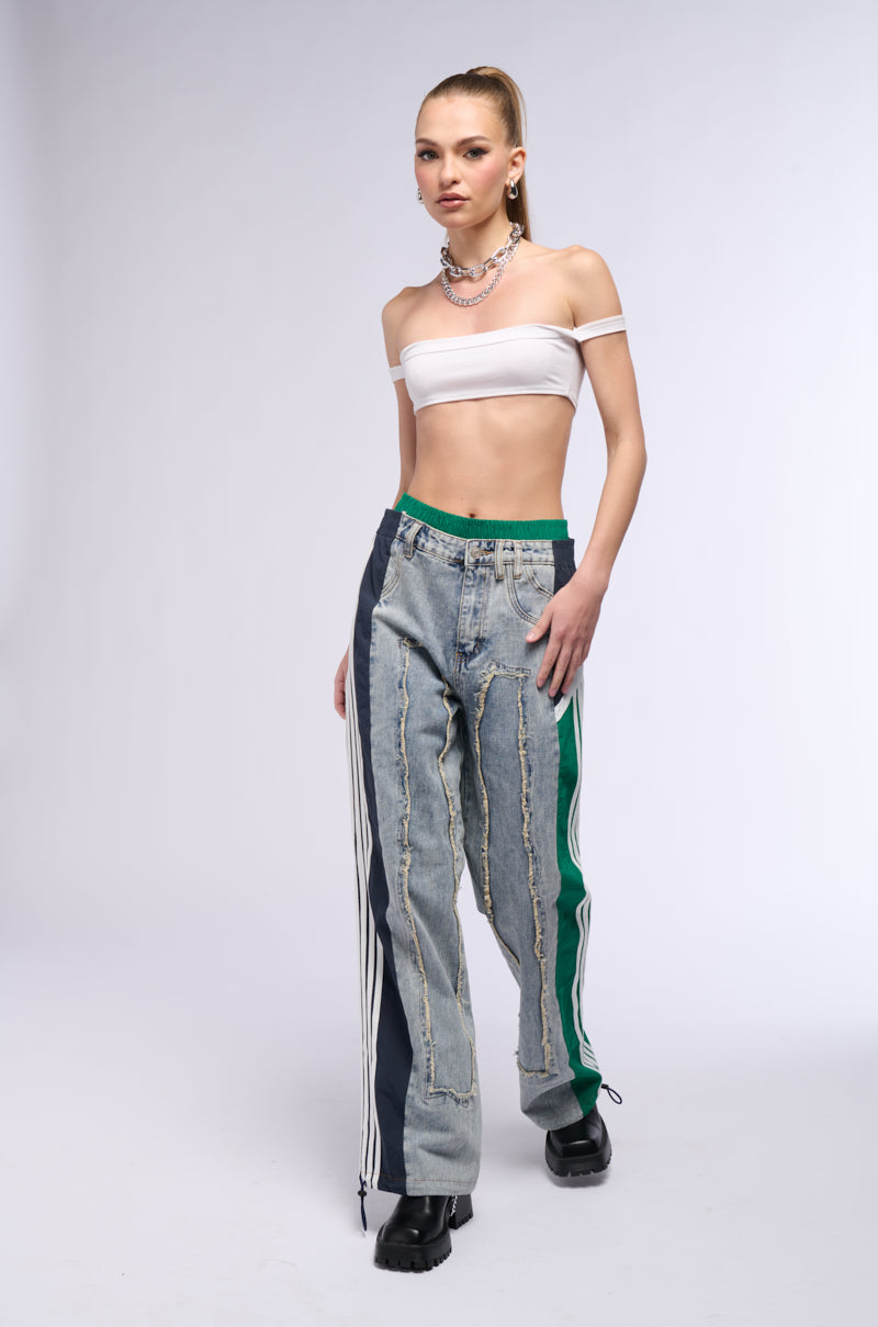 Extra View All Around The World Patchwork Denim Jogger Pant In Green Multi