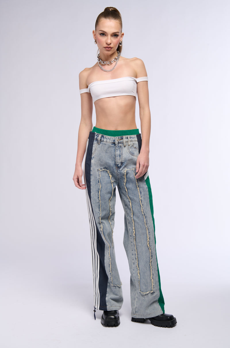 Extra View All Around The World Patchwork Denim Jogger Pant In Green Multi
