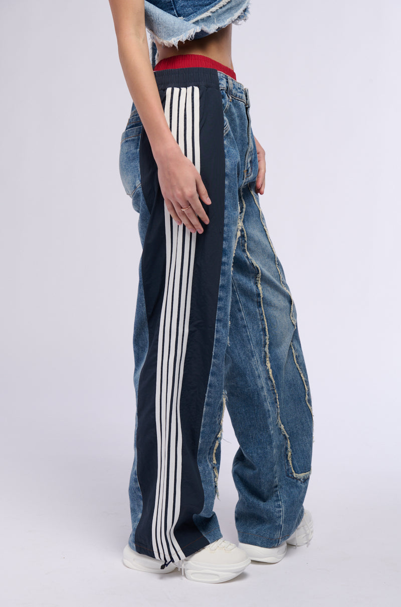 Back View All Around The World Patchwork Denim Jogger Pant In Red Multi