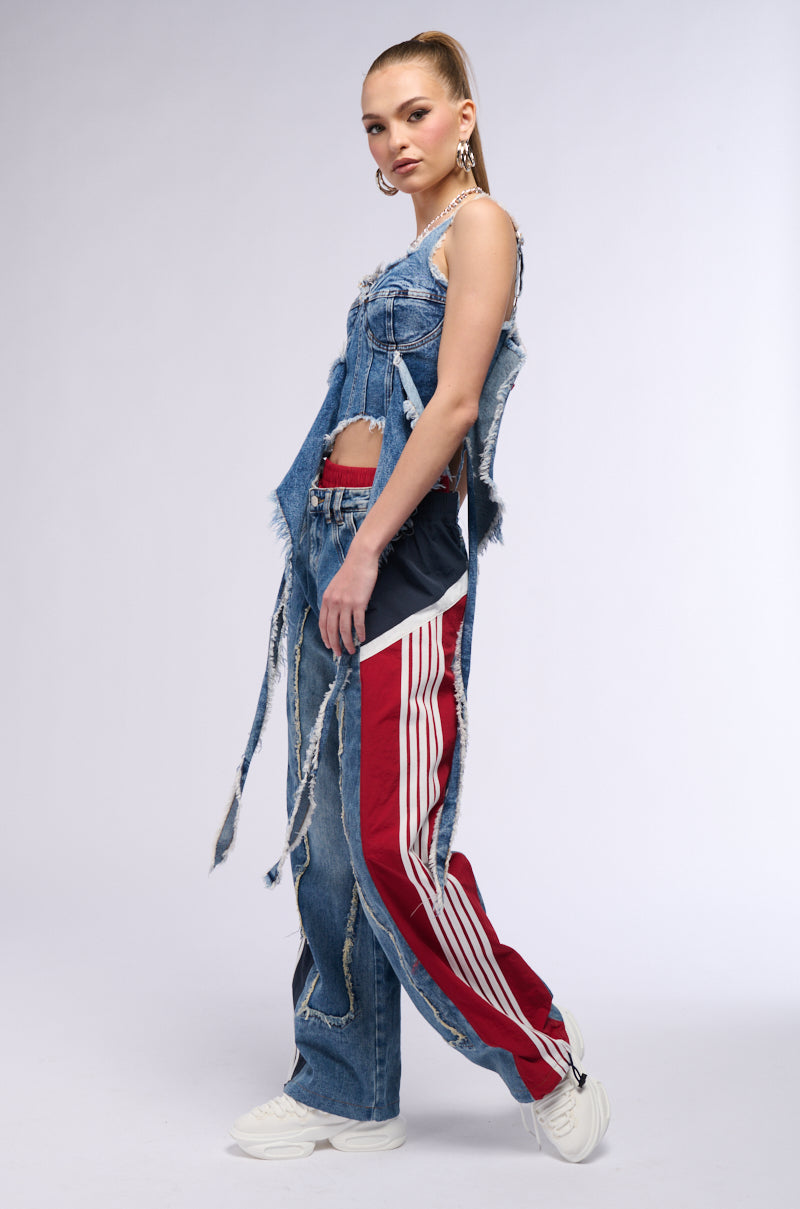 Full View All Around The World Patchwork Denim Jogger Pant In Red Multi